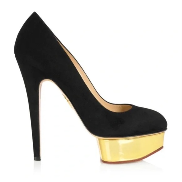 CHARLOTTE OLYMPIA  Suede Platform Heels Black Gold EU 40 (8.5-10US) $1100 Retail - Picture 1 of 16